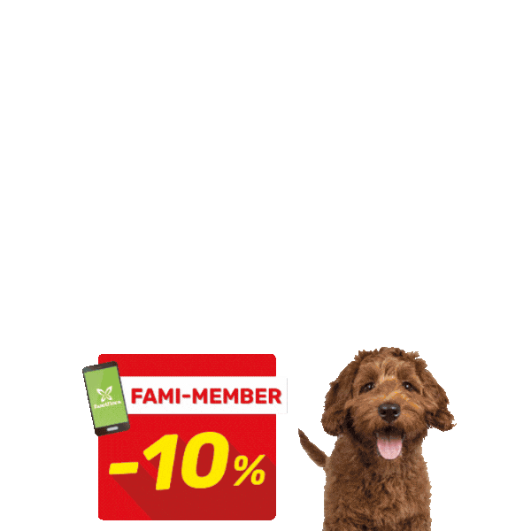 Grid of packaged dog food rolls with brown dog portrait and red 'Fami-Member -10%' discount signs