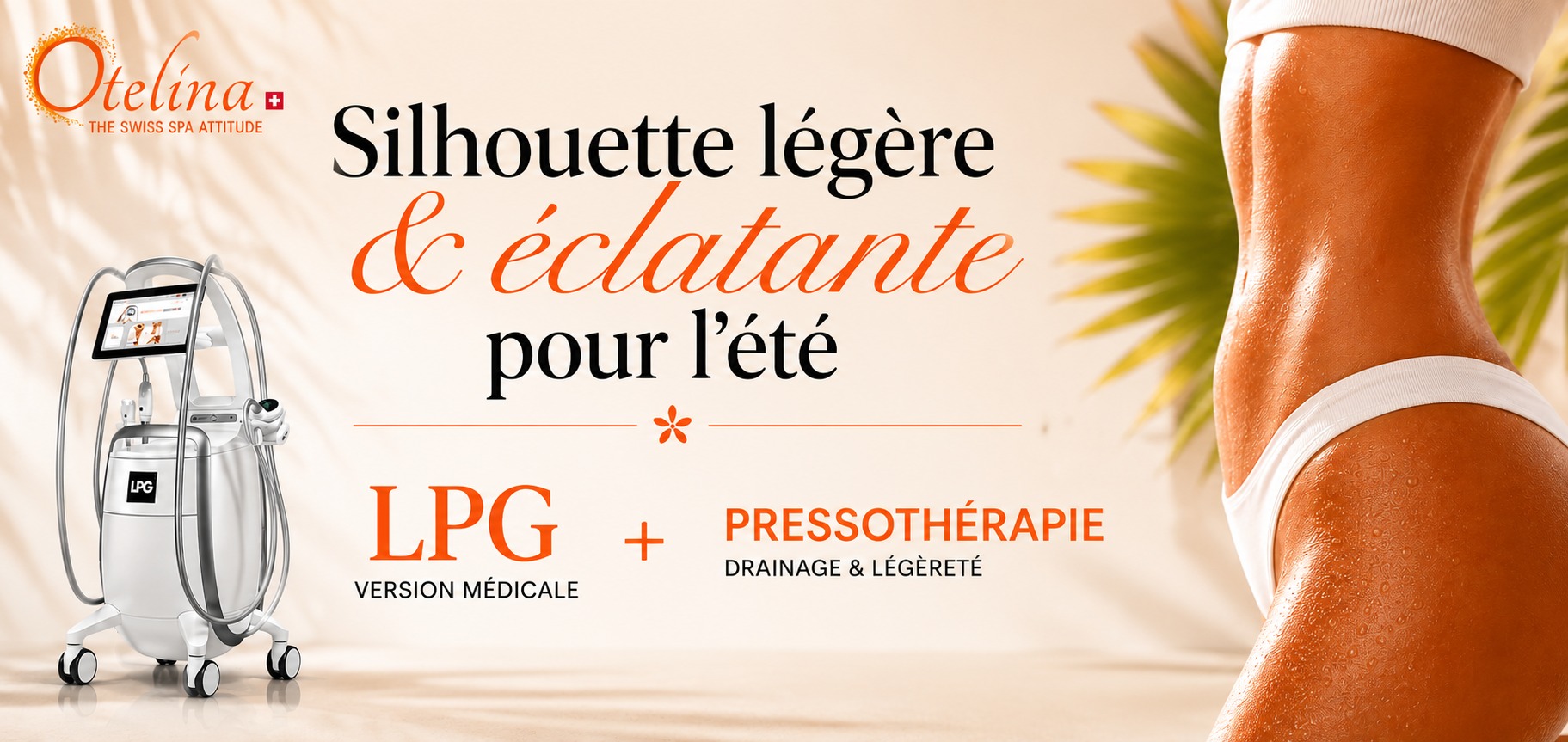 Toned female torso in white bikini beside LPG medical machine and pressotherapy advert promoting summer body drainage and slimming treatments