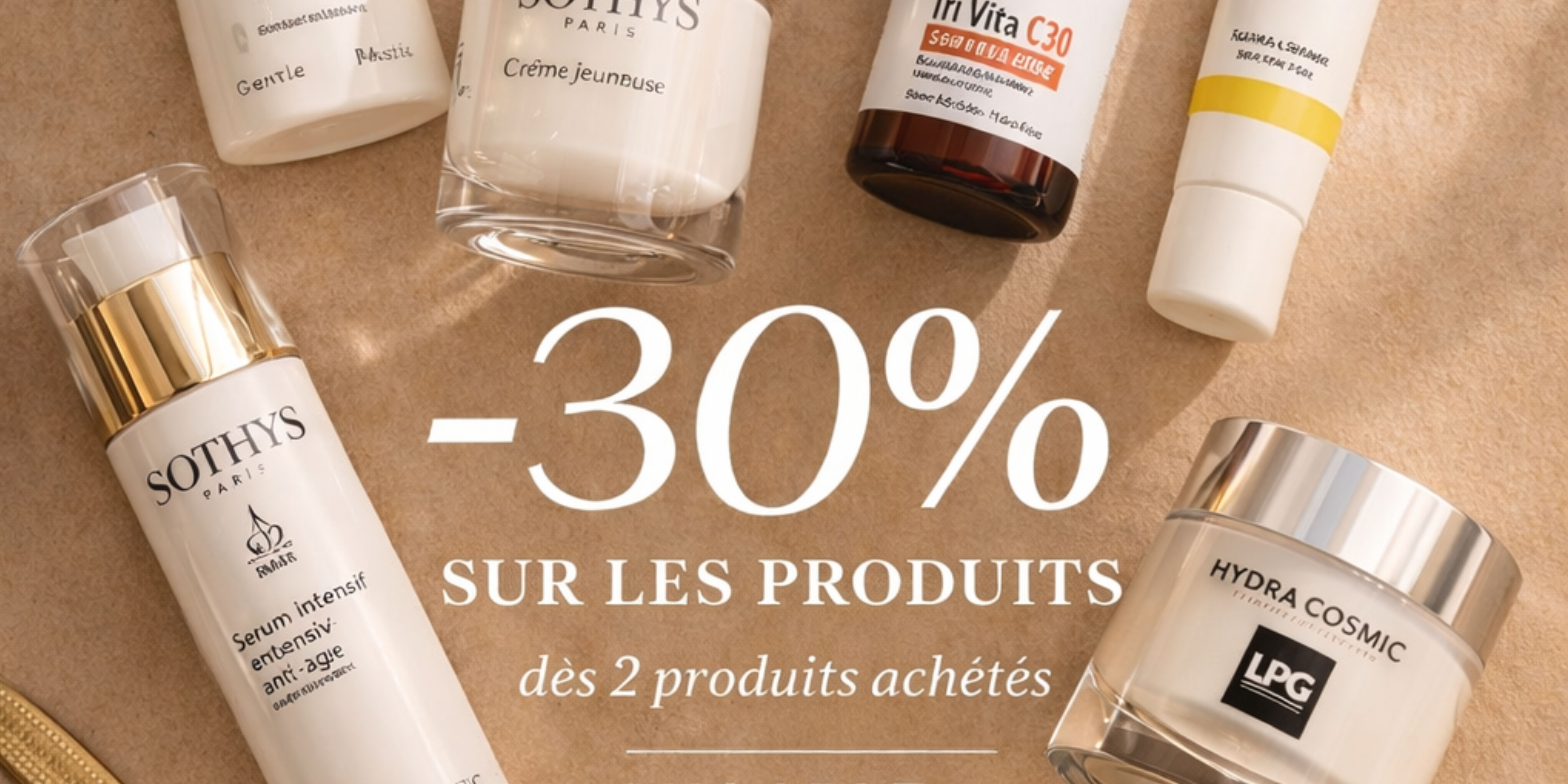 Flat lay of assorted skincare bottles and jars (SOTHYS, LPG) surrounding large “-30% sur les produits” sale text in French