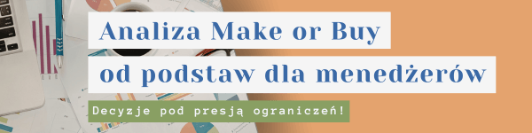 Polish banner reading 'Analiza Make or Buy od podstaw dla menedżerów' over an office desk scene with laptop, charts and coffee