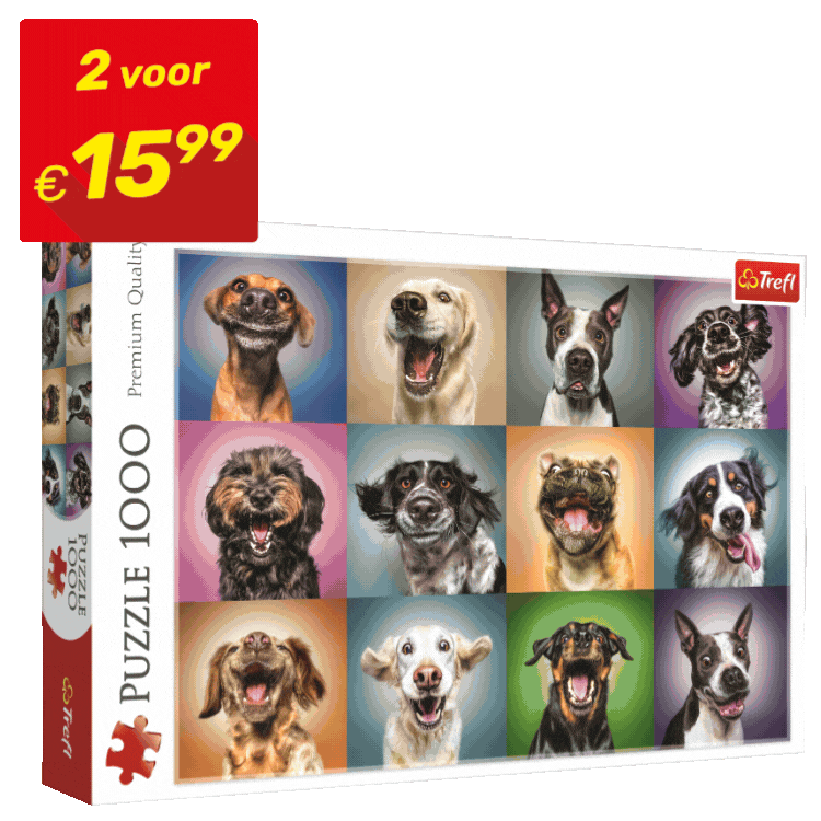 Grid of nine 1000-piece jigsaw puzzle boxes showing dogs, city scenes, fantasy, horror and comic themes, each with red '2 voor €15,99' price tags