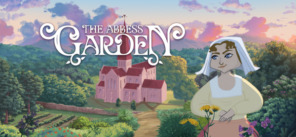 The Abbess Garden logo over an illustrated abbey and colourful garden at sunset with a nun holding yellow flowers