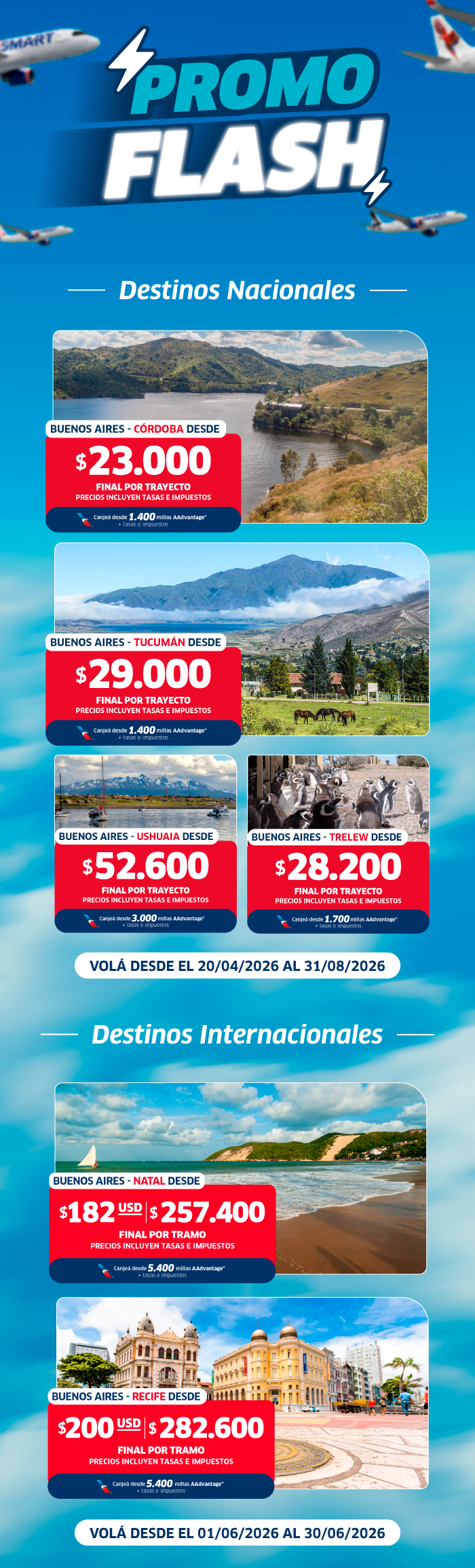 Promo Flash airline banner of domestic and international destinations with fares, travel dates and scenic photos