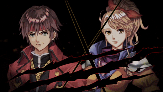 Collage of fantasy RPG characters: red‑haired male and blonde female portraits, lion‑like beast, pale blue‑haired sorceress, red smoky emblem and claw slash marks