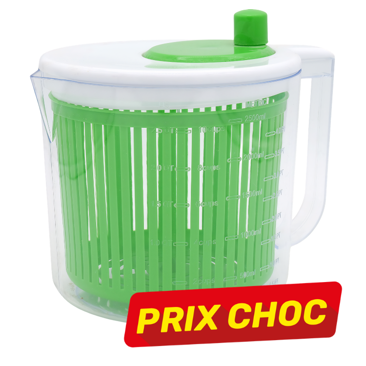 Plastic salad spinner with green inner basket and clear outer jug, white lid with green knob and measurement markings and red 'PRIX CHOC' price label