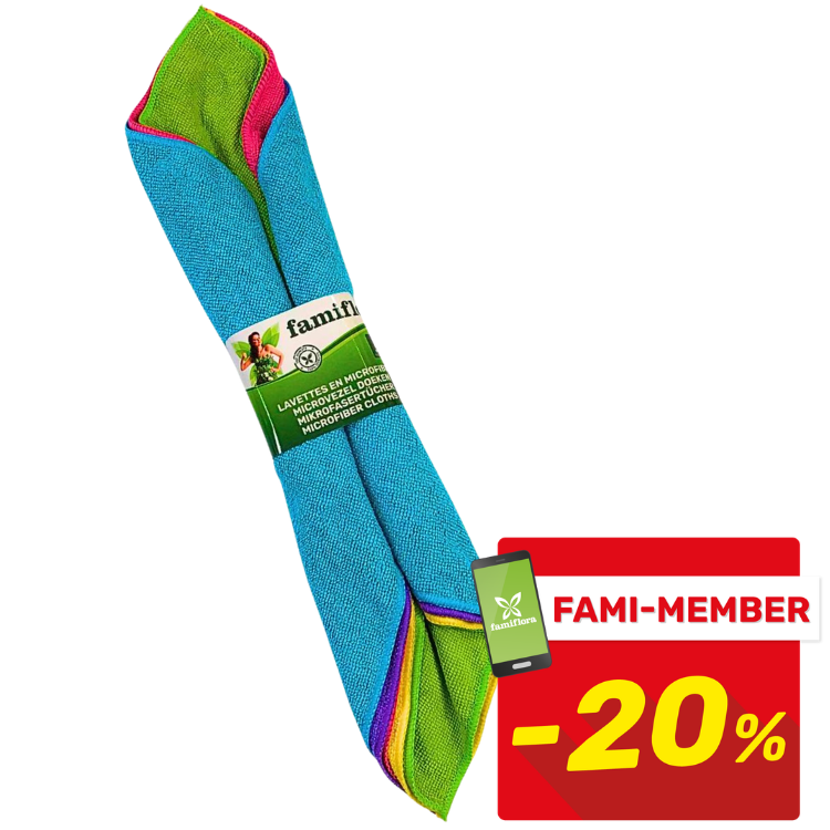 Pack of folded colourful microfibre cleaning cloths (blue outer, green and pink inner) with red FAMI‑MEMBER -20% promotional badge