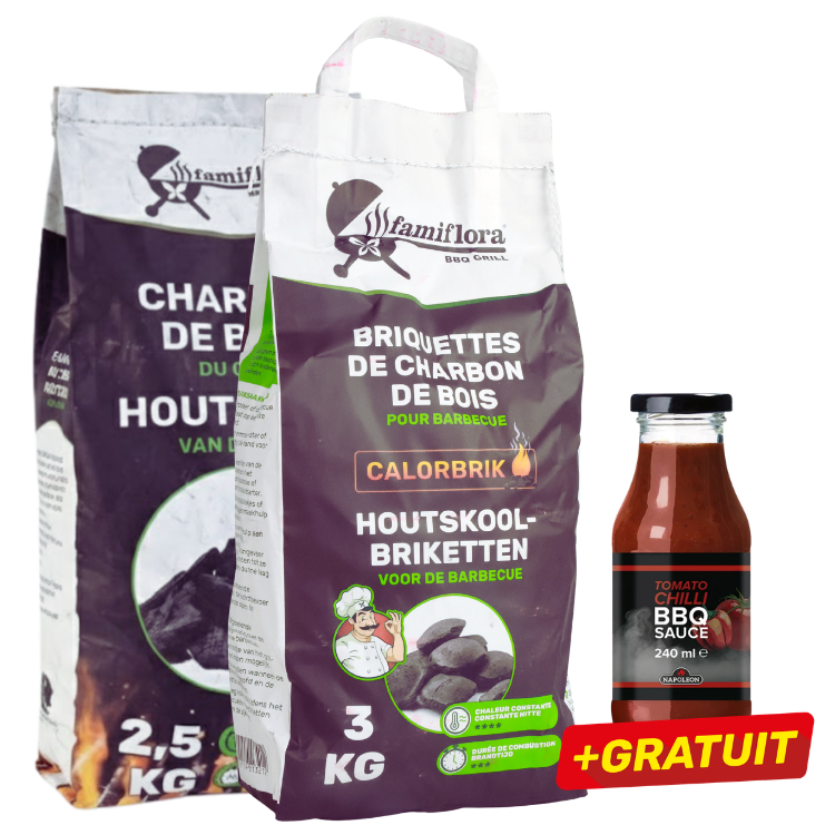 Two 3kg Calorbrik wood charcoal briquette bags for barbecue with free 240ml Tomato Chilli BBQ sauce bottle