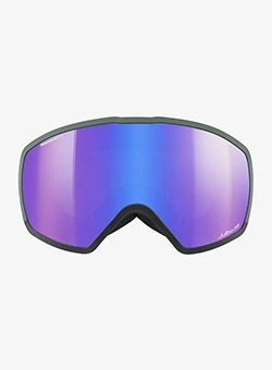 Purple mirrored ski goggles with black trim and wide curved panoramic lens for snow sports
