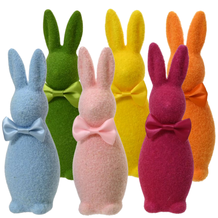 Colourful felt Easter bunny ornaments with satin bows (blue, green, pink, yellow, magenta, orange) on white background