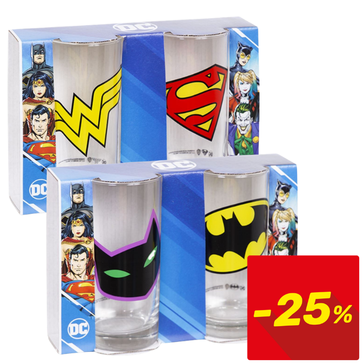 Pack of four DC Comics shot glasses in branded box featuring Batman, Wonder Woman, Superman and Catwoman logos with red -25% discount badge