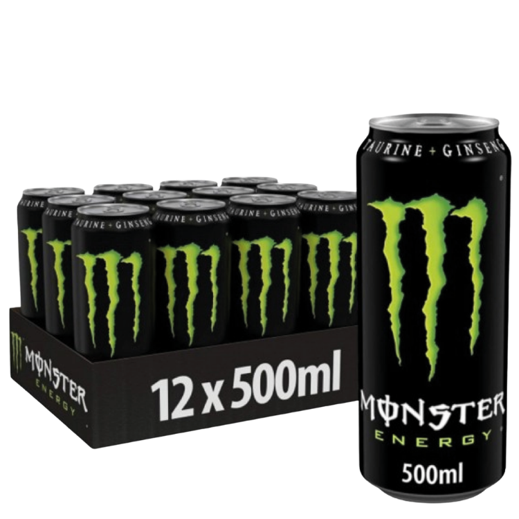 Pack of 12 Monster Energy 500ml black cans with green claw logo, single 500ml can shown separately