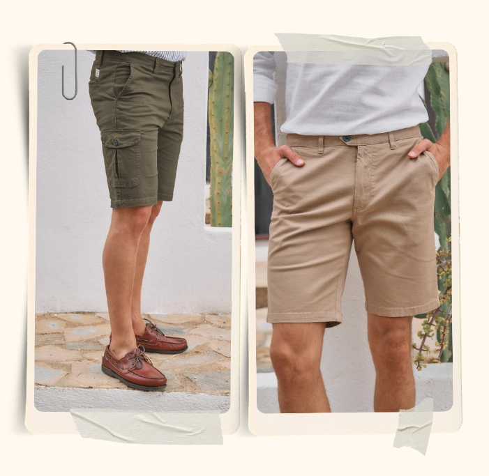 Banner con imagenes de bermudas de la nueva coleccion - bermuda cargo verde y bermuda chino camel - La Garrocha