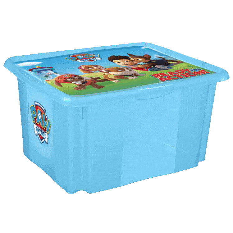 Colourful children's plastic storage boxes with Paw Patrol, Frozen, Minnie Mouse and Cars character-decorated lids in assorted blue, pink and red