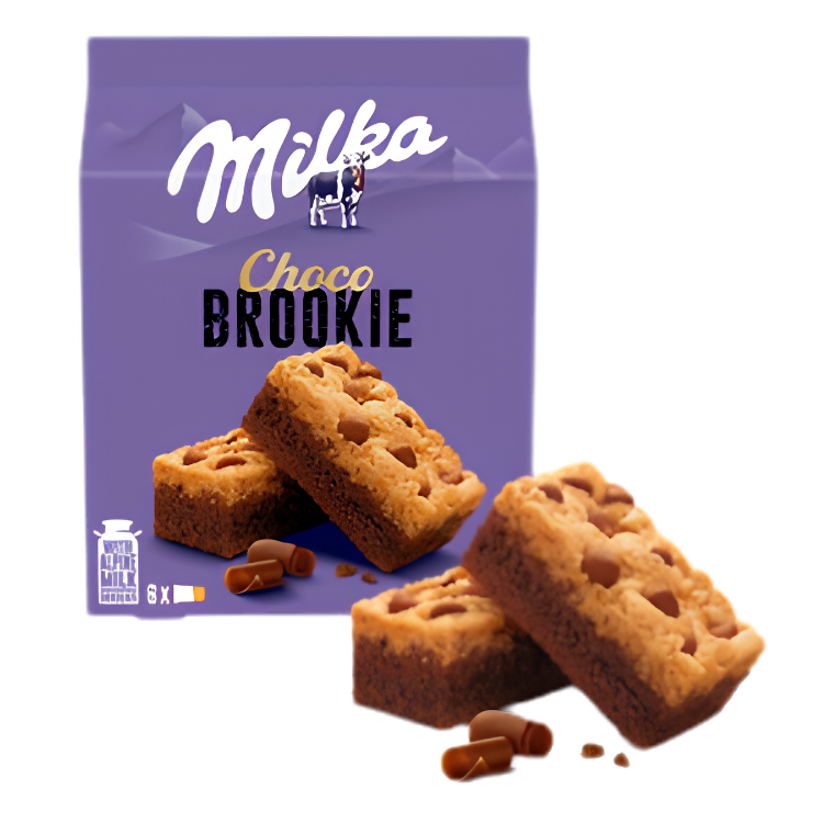Milka Choco Brookie pack on purple packaging with three chocolate-topped brookie squares and chocolate-caramel pieces