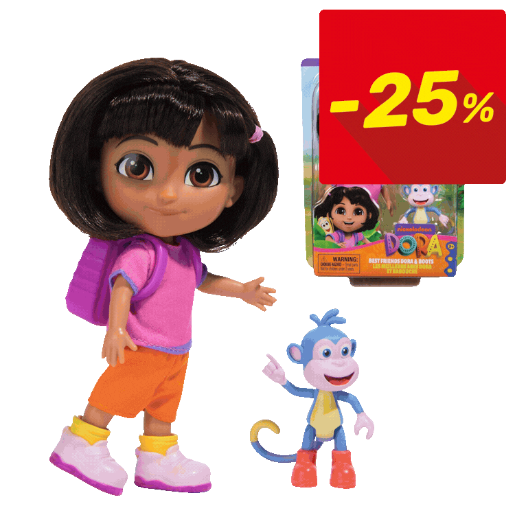 Collage of Dora the Explorer toys and character figures (dolls, microphone, puzzles) with red ‘-25%’ sale tags