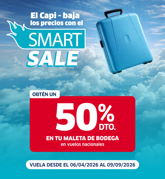 Blue suitcase over clouds with 'Smart Sale' banner — 50% off checked baggage on domestic flights (06/04/2026–09/09/2026)