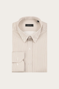 Men's beige micro-patterned long-sleeve dress shirt, neatly folded with buttoned cuff on cream background