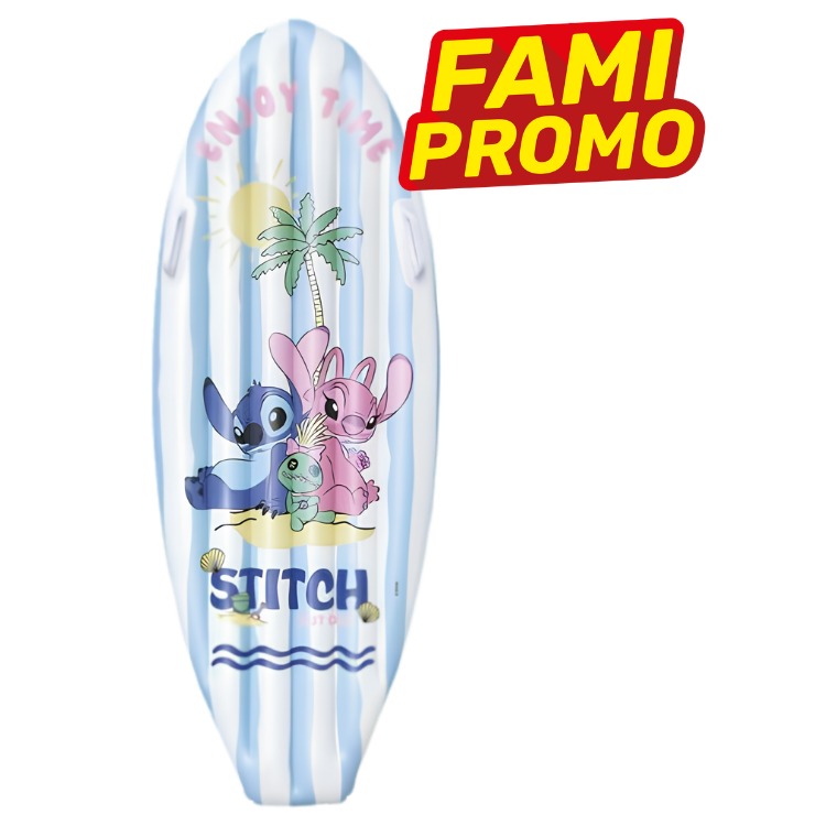 Inflatable surfboard-style pool lounger with blue-white stripes featuring Stitch characters, palm tree and FAMI PROMO sticker