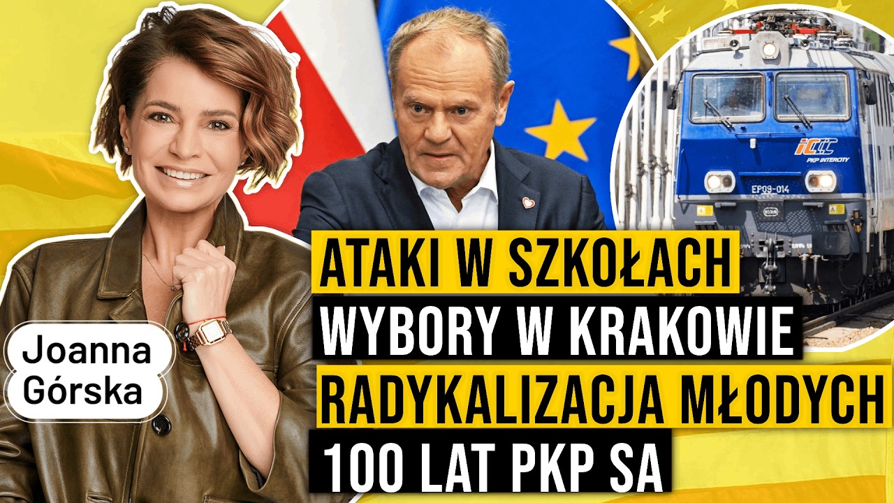 Miniatura programu z prezenterką, politykiem i pociągiem; tematy: ataki w szkołach, wybory w Krakowie, 100 lat PKP SA