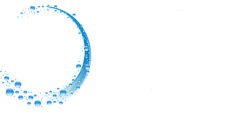Blue water-droplet crescent logo with varying-sized bubbles on a white background