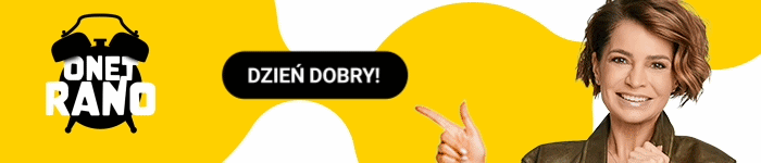 Powtarzalny żółty baner promocyjny programu radiowego Onet Rano z uśmiechniętą kobietą pokazującą znak zwycięstwa i napisem „Dzień dobry!”