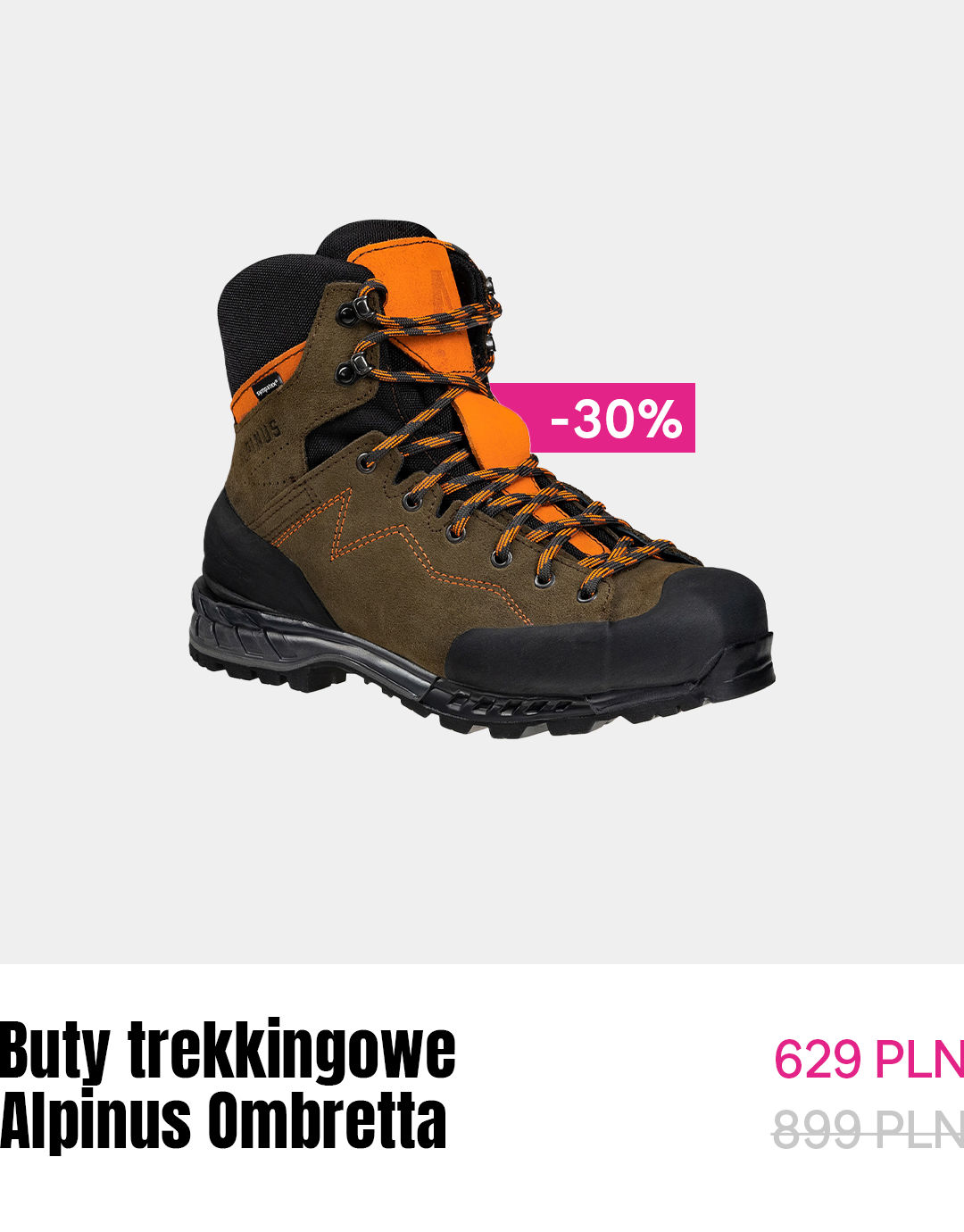 Alpinus Ombretta brown‑green trekking boot with orange accents and laces, black sole, displayed with pink "-30%" sale badge