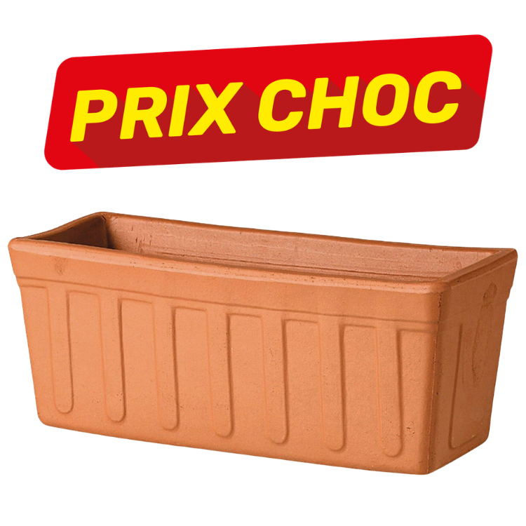 Rectangular terracotta window planter on white background with red 'PRIX CHOC' sale banner
