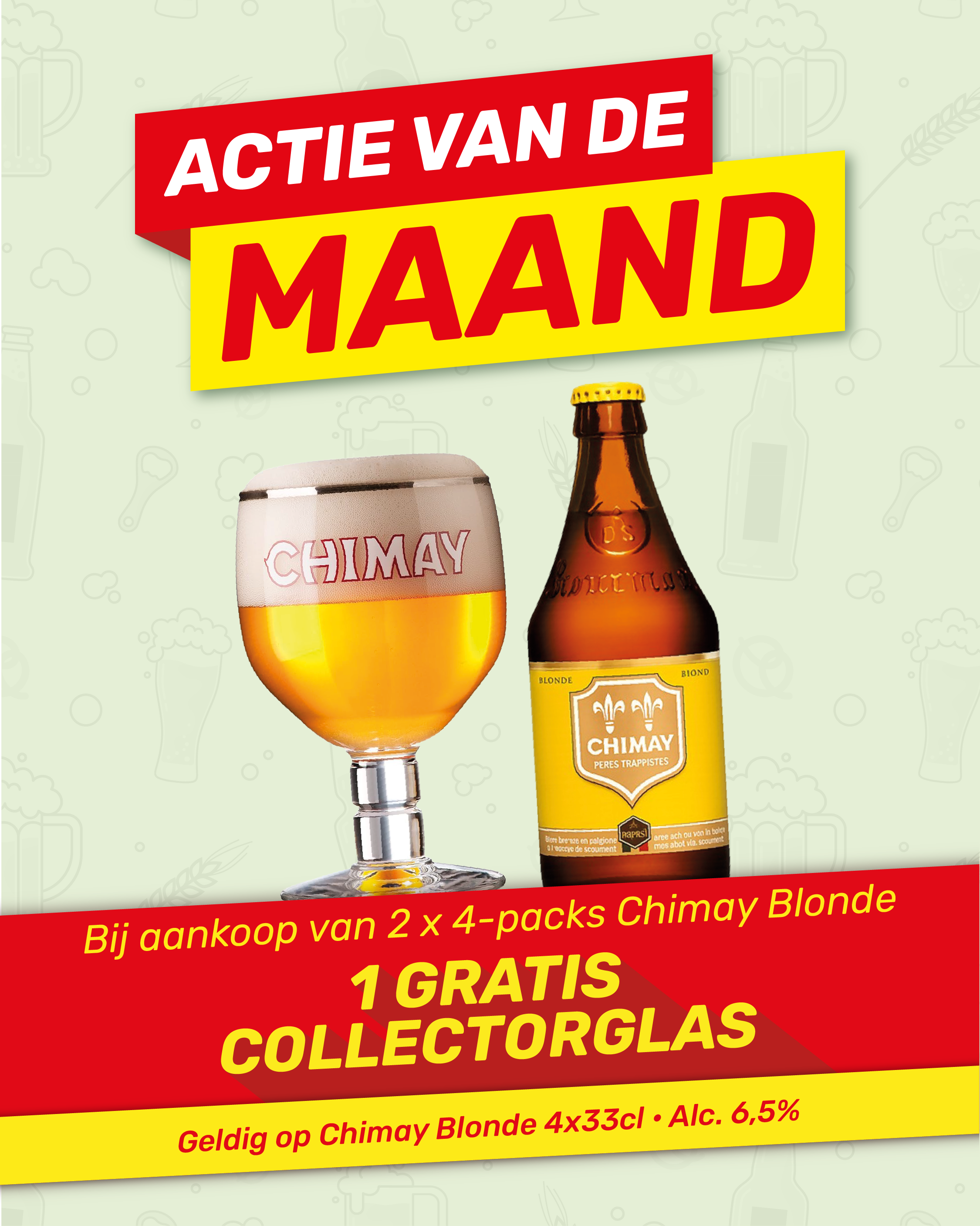 Chimay Blonde bottle and branded glass, 'Offer of the Month' promotion — free collector glass when buying two 4‑packs