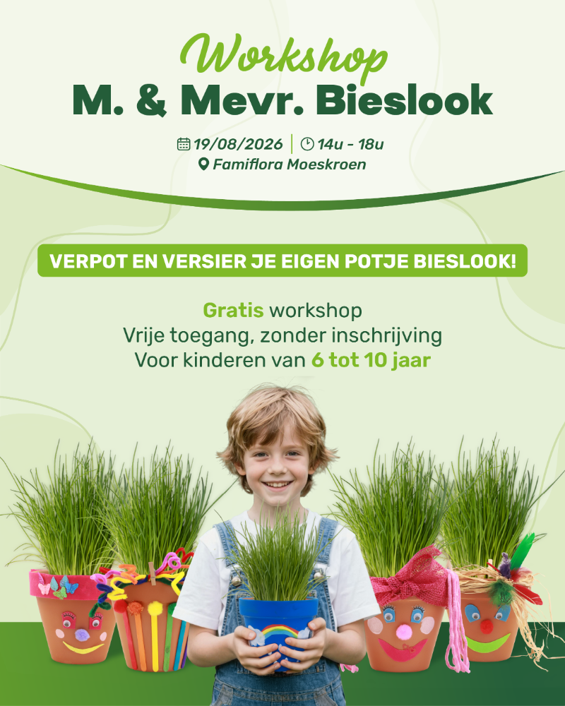 Poster: free children's workshop at Famiflora Moeskroen 19/08/2026 14–18 — smiling child holding decorated pot of chives with colour pots