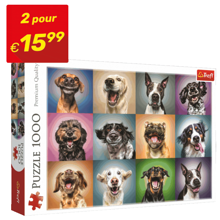 Nine 1000pc jigsaw puzzle boxes with various themes (scenery, animals, horror, comics) and red 2-for-€15.99 sale badges