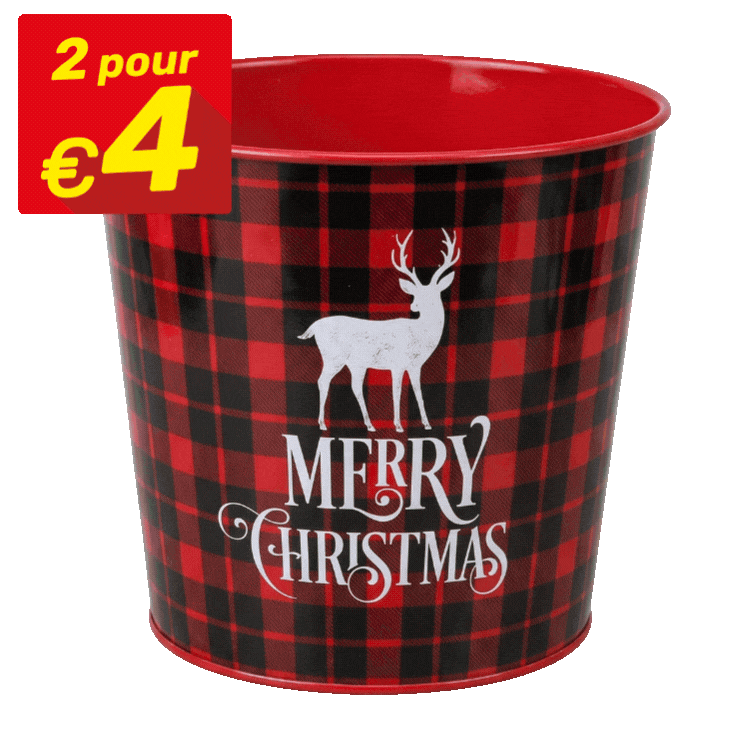 Nine decorative Christmas tins in a 3x3 grid with Santa, snowman, plaid and poinsettia designs and yellow '2 pour €4' sale tags