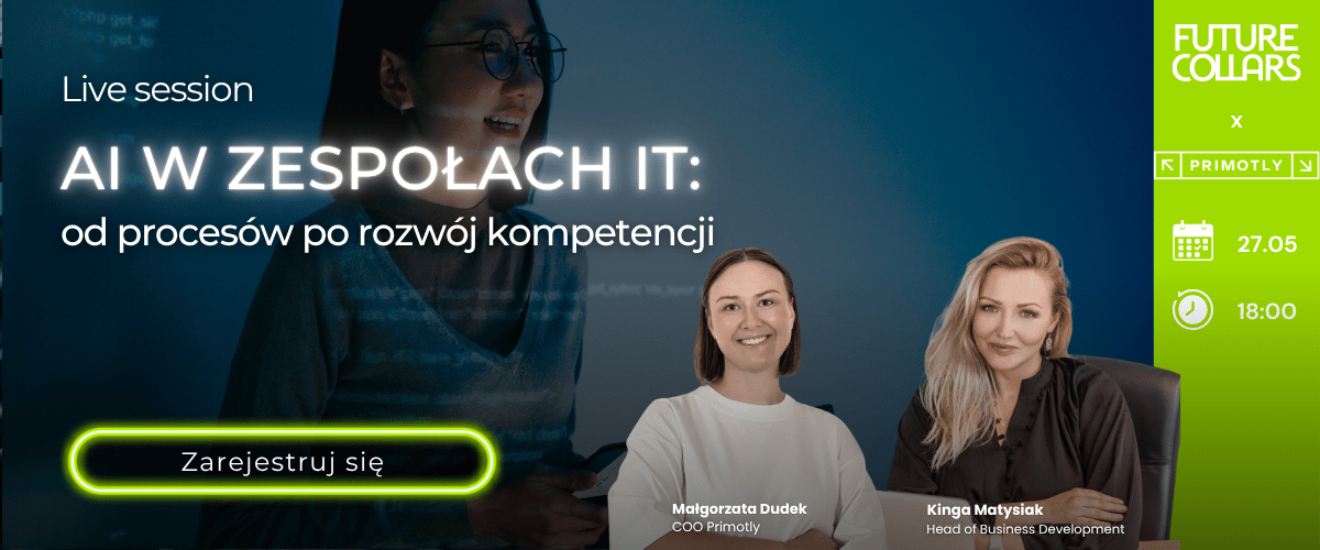 Banner for live session ‘AI in IT teams: from processes to skills’ with two speakers, register button, date 27 May 18:00 and Future Collars logo