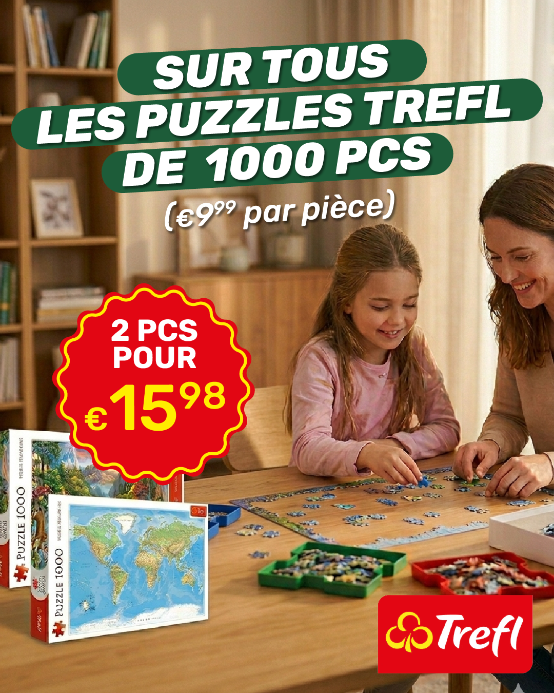 Mother and daughter assembling Trefl 1000-piece puzzles at a table with promotional label 2 for €15.98