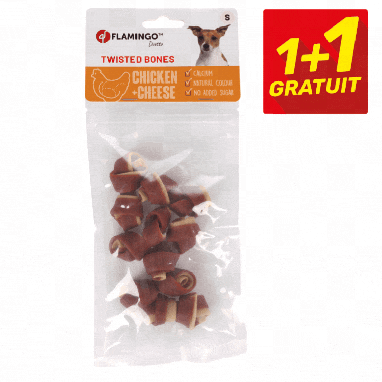 Two Flamingo dog chew packs: chicken & cheese twisted bones and R'HIDE twisted chewing rolls with '1+1 gratuit' promotion