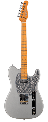 Silver solid-body electric guitar with maple neck and black-speckled pickguard, single-cutaway, full-length front view