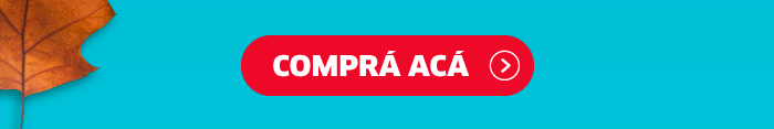 Red rounded 'Comprá acá' purchase button on turquoise background with a brown autumn leaf, clear call-to-action