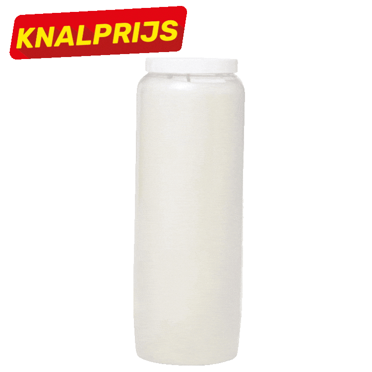 Three tall condiment squeeze bottles — two white, one red with yellow cap — with 'Knalprijs' sale labels