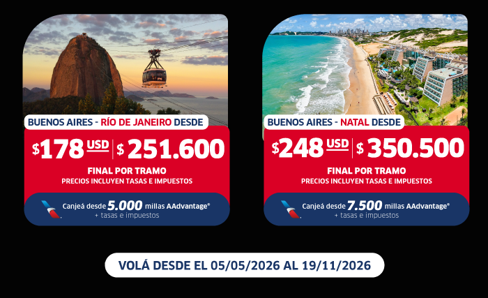 Promotional travel cards: Buenos Aires to Rio de Janeiro (Sugarloaf cable car) and to Natal beach, fares and travel period 05/05/2026–19/11/2026