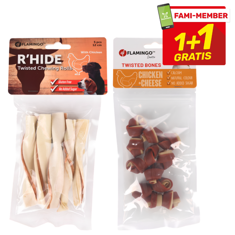 Two Flamingo dog chew packs: R'HIDE twisted chewing rolls (chicken) and Twisted Bones chicken+cheese, 1+1 gratis offer