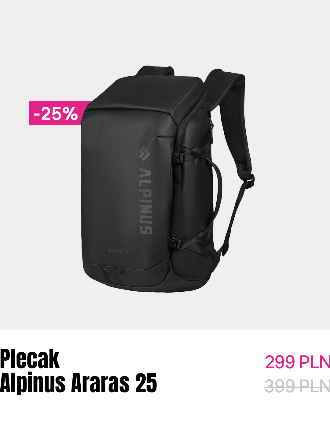 Black Alpinus Araras 25 backpack (25 L) on white background, sleek urban design with padded shoulder straps and -25% sale badge