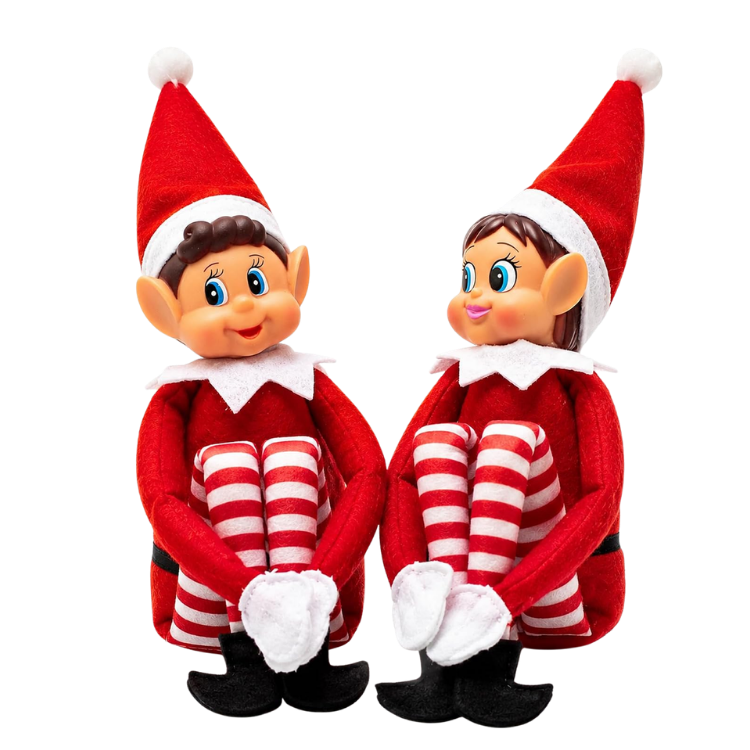 Two Elf on the Shelf dolls in red felt outfits and white‑red striped tights sitting side by side on a white background