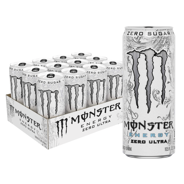 White Monster Energy Zero Ultra slim can beside a 12-pack carton of zero sugar energy drink