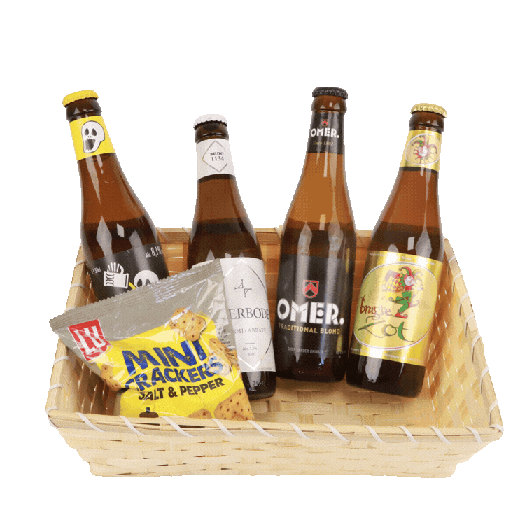 Four wicker beer gift baskets with assorted craft beer bottles, a branded beer glass and snack packs on a white background