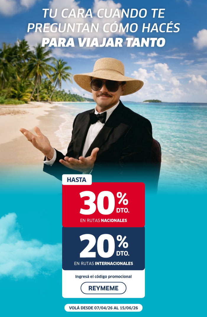 Promotional ad: man in suit and straw hat on tropical beach offering up to 30% off national and 20% off international flights, promo code REYMEME
