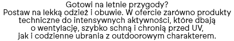 Polish ad for lightweight summer clothing and footwear, noting ventilation, quick-dry fabrics and UV protection
