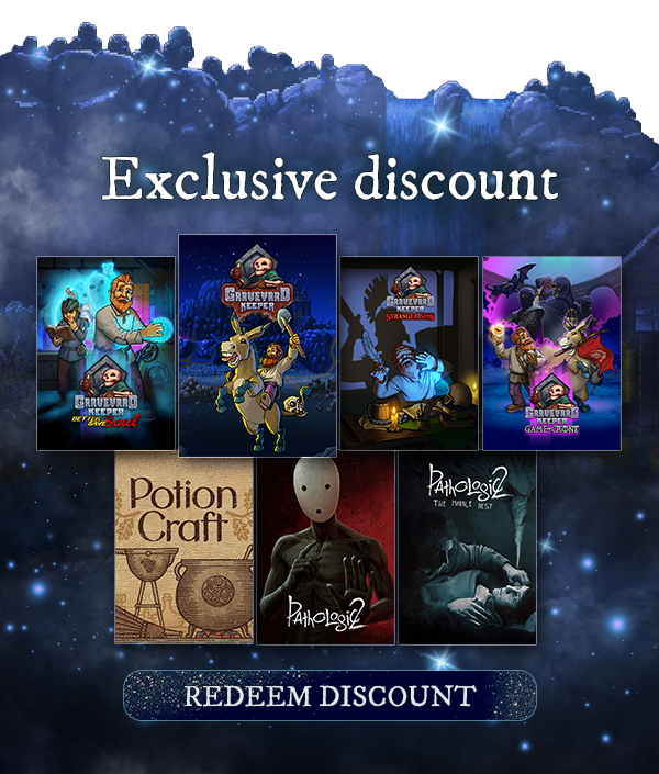 Promotional banner reading 'Exclusive discount' showing a grid of indie game covers (Graveyard Keeper, Potion Craft, Pathologic 2) and a 'Redeem discount' button
