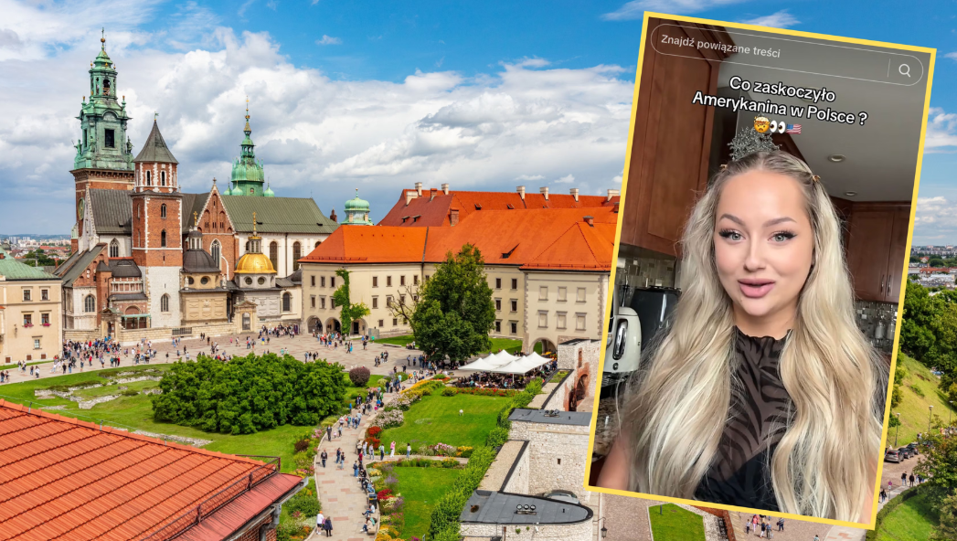 Widok na Zamek Wawelski w Krakowie z nałożonym pionowym wideo kobiety (vlog) mówiącej o doświadczeniach Amerykanina w Polsce
