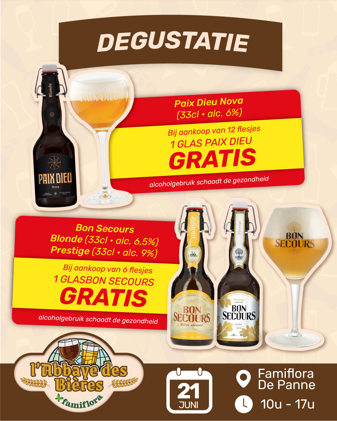 Promotional poster for beer tasting: Paix Dieu and Bon Secours bottles and glasses, free sample offers; 21 June at Famiflora De Panne 10:00–17:00
