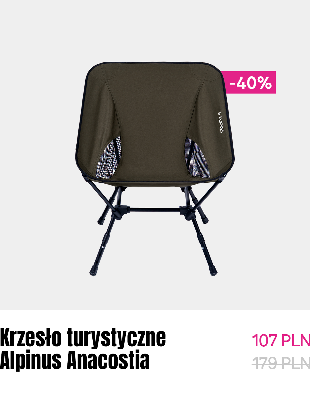 Olive green Alpinus Anacostia folding camping chair with mesh side panels and black aluminium legs, front view