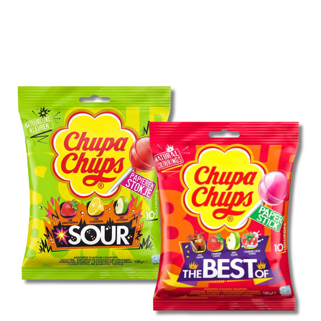 Two Chupa Chups lollipop bags—green 'SOUR' pack and red 'THE BEST OF' pack with assorted fruit-flavour paper-stick lollipops